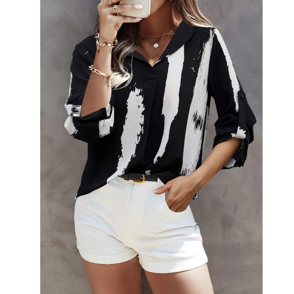 Two Tone Black & White V-Neck Long Sleeve Blouse Shirt - Picture 2 of 5